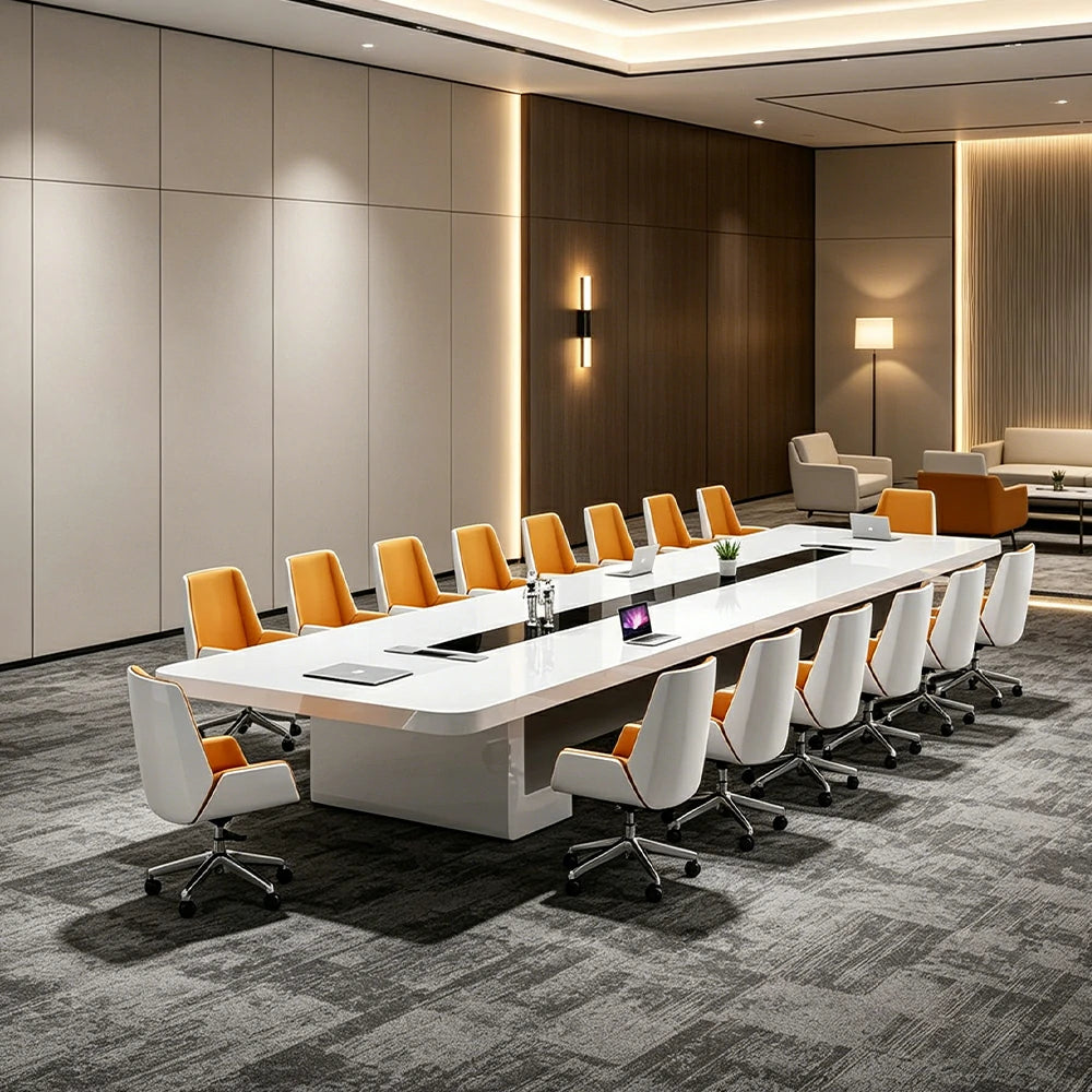 LUXORA 240cm Executive Conference Table Set Modern Piano Lacquer Meeting Desk with 8 Chairs - White