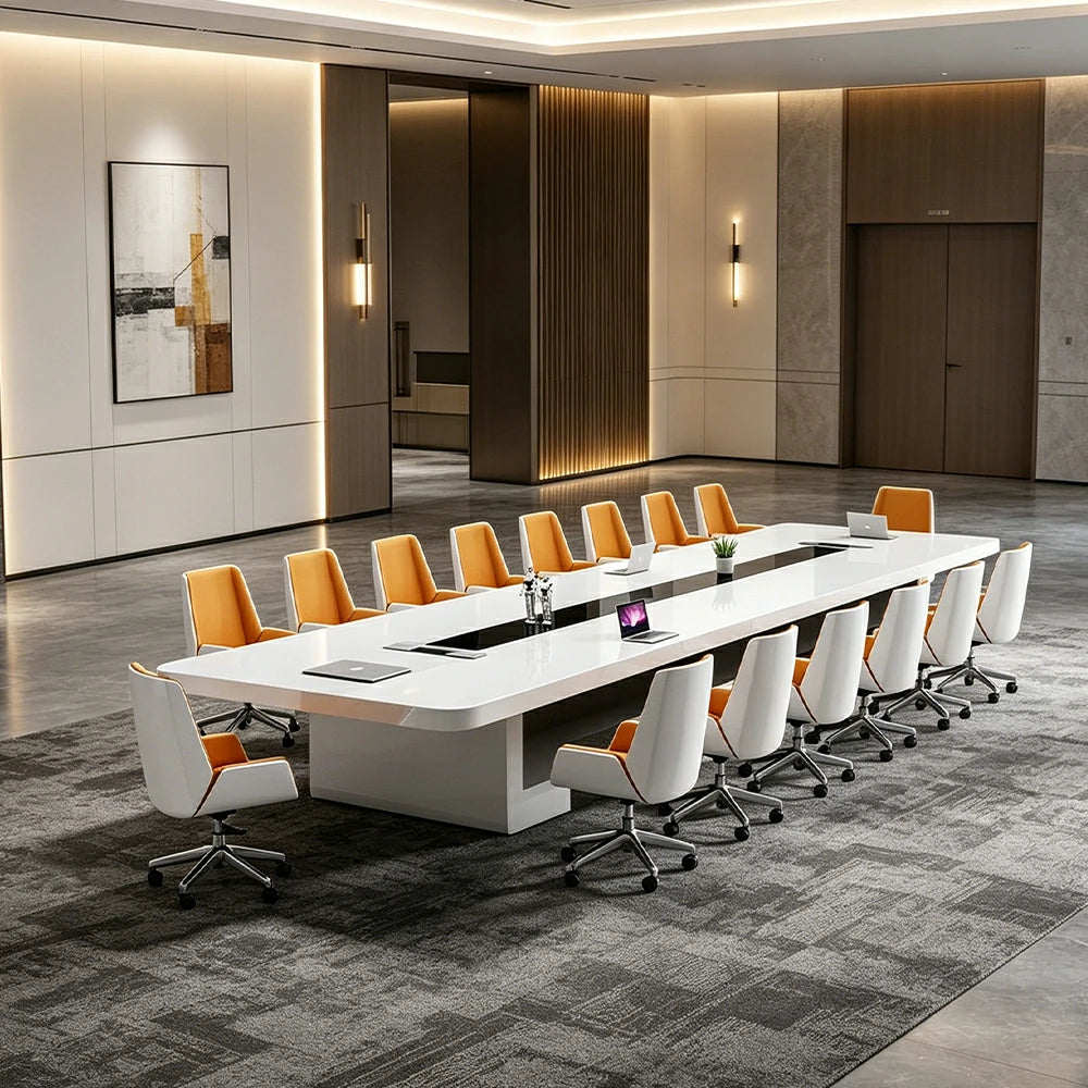 LUXORA 240cm Executive Conference Table Set Modern Piano Lacquer Meeting Desk with 8 Chairs - White