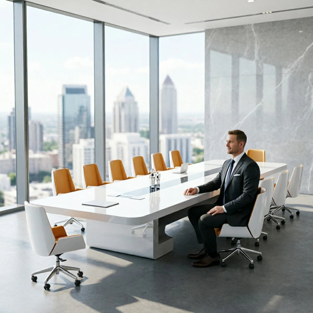 LUXORA 240cm Executive Conference Table Set Modern Piano Lacquer Meeting Desk with 8 Chairs - White