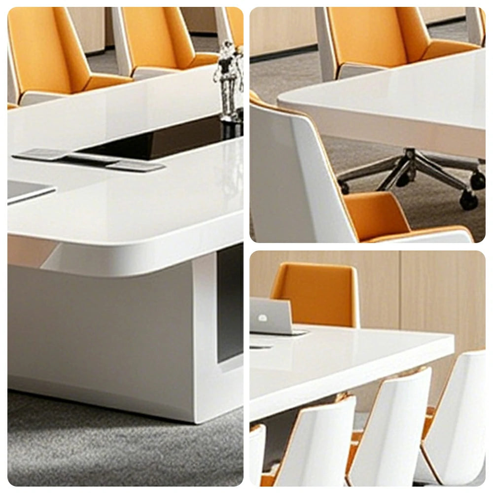 LUXORA 240cm Executive Conference Table Set Modern Piano Lacquer Meeting Desk with 8 Chairs - White