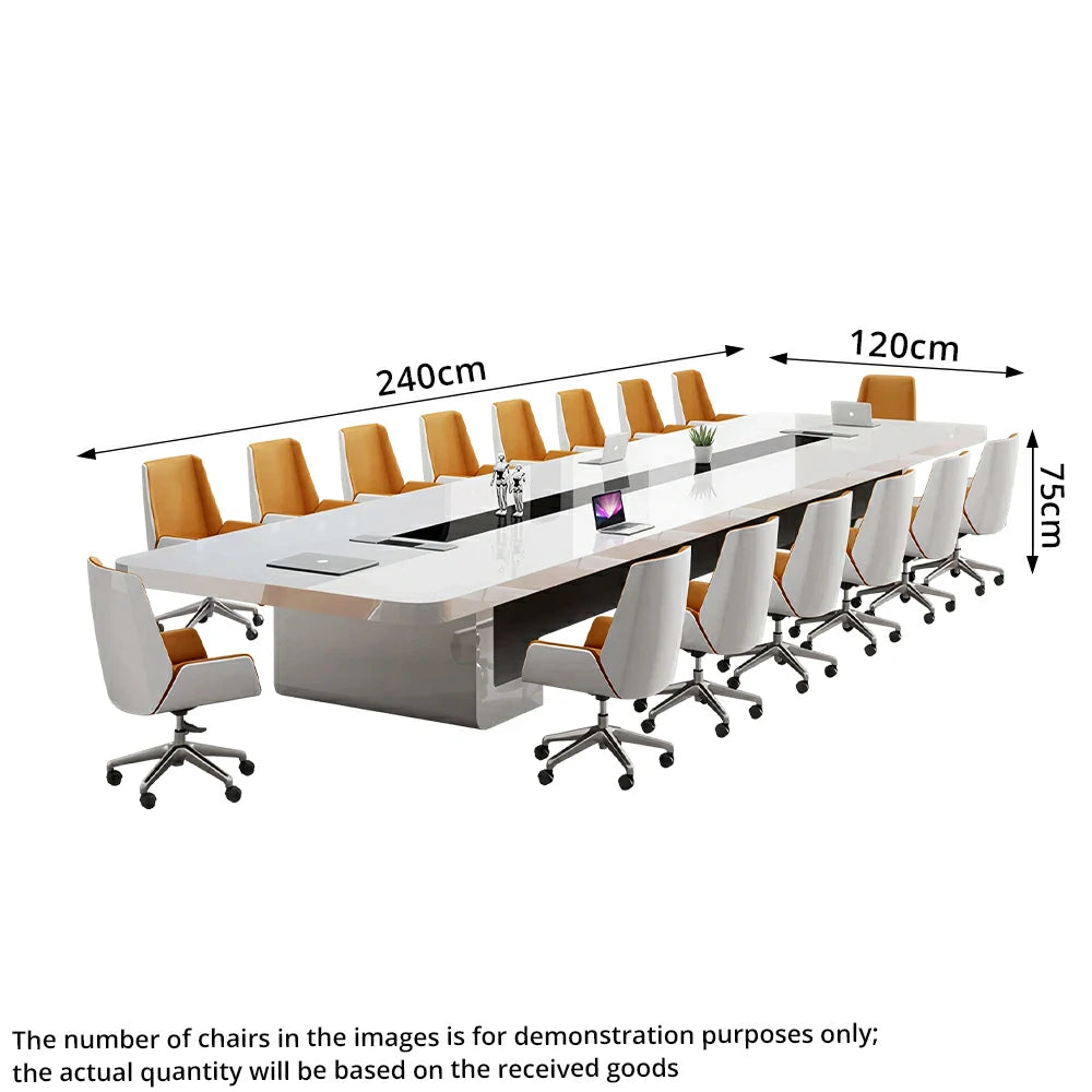 LUXORA 240cm Executive Conference Table Set Modern Piano Lacquer Meeting Desk with 8 Chairs - White