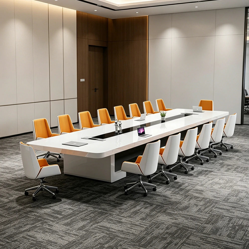 LUXORA 320cm Executive Conference Table Set Modern Piano Lacquer Meeting Desk with 8 Chairs - White