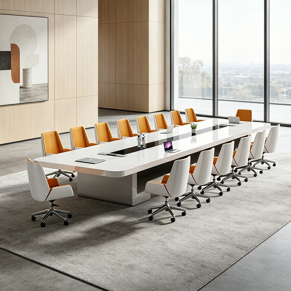 LUXORA 320cm Executive Conference Table Set Modern Piano Lacquer Meeting Desk with 8 Chairs - White