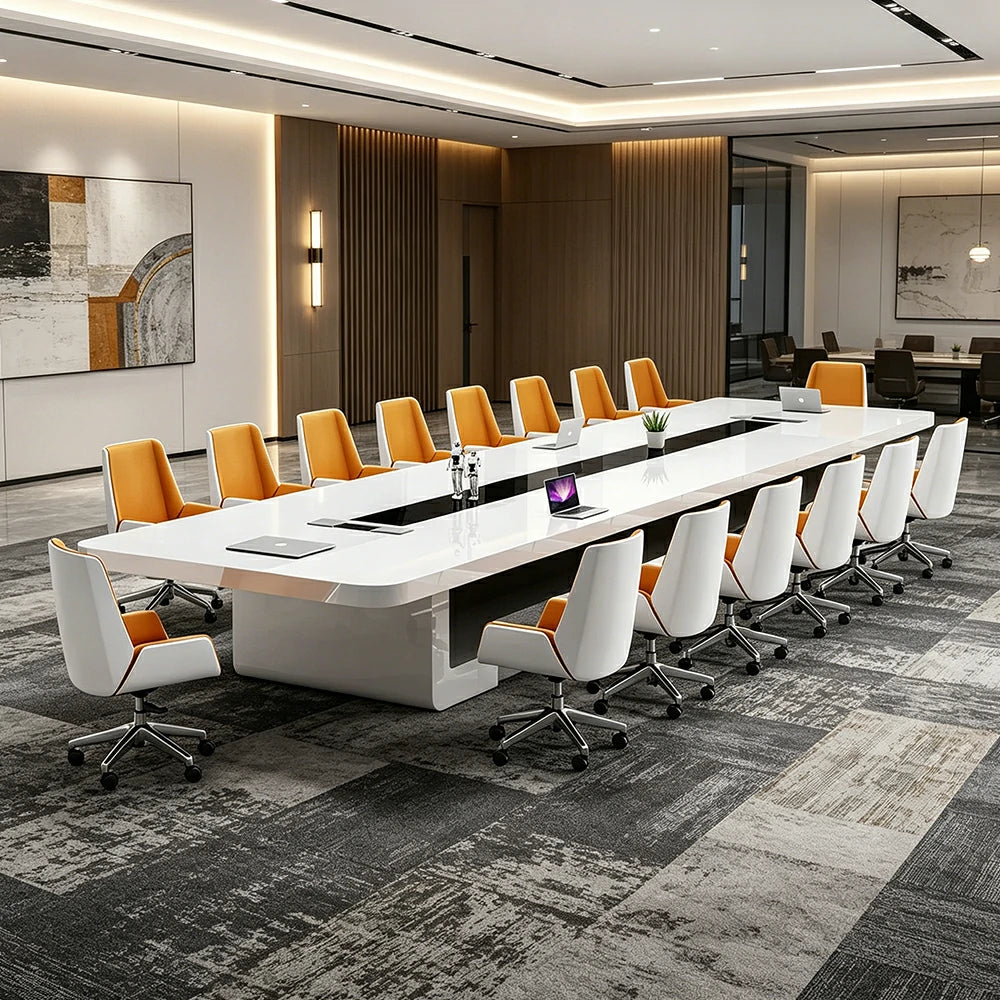 LUXORA 320cm Executive Conference Table Set Modern Piano Lacquer Meeting Desk with 8 Chairs - White