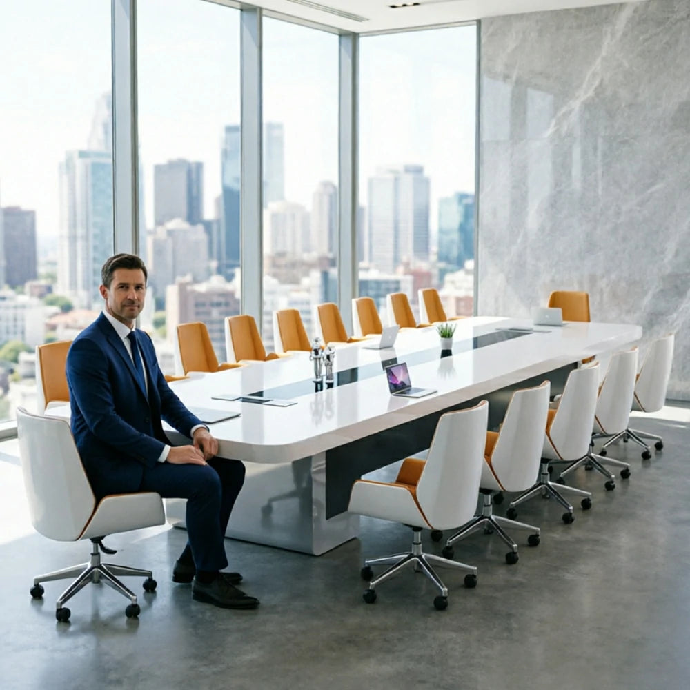 LUXORA 320cm Executive Conference Table Set Modern Piano Lacquer Meeting Desk with 8 Chairs - White