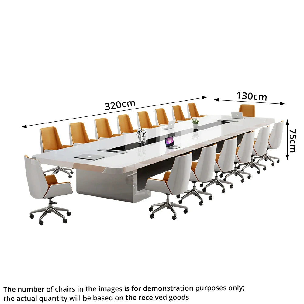 LUXORA 320cm Executive Conference Table Set Modern Piano Lacquer Meeting Desk with 8 Chairs - White