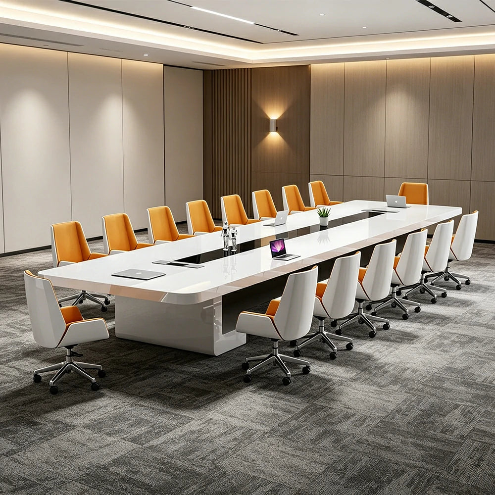 LUXORA 400cm Executive Conference Table Set Modern Piano Lacquer Meeting Desk with 12 Chairs - White