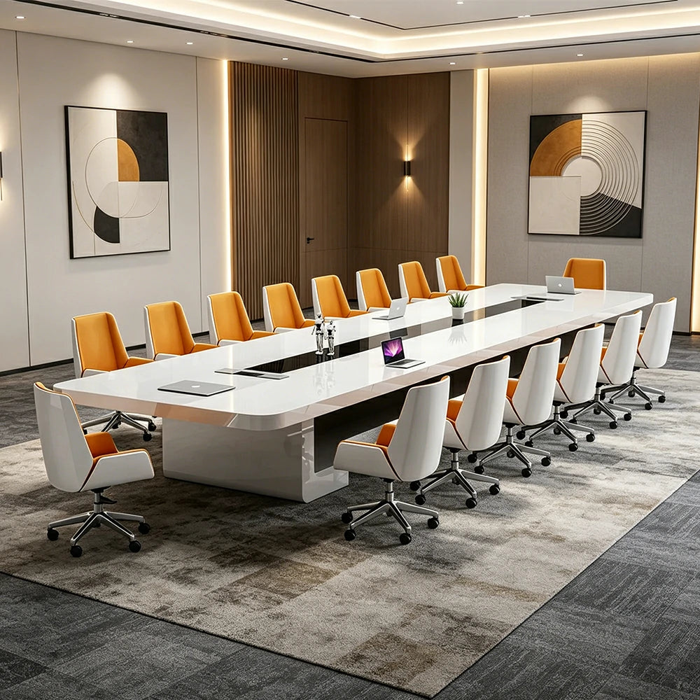 LUXORA 400cm Executive Conference Table Set Modern Piano Lacquer Meeting Desk with 12 Chairs - White