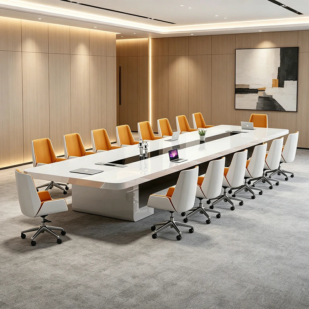 LUXORA 400cm Executive Conference Table Set Modern Piano Lacquer Meeting Desk with 12 Chairs - White