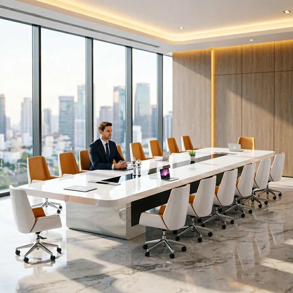LUXORA 400cm Executive Conference Table Set Modern Piano Lacquer Meeting Desk with 12 Chairs - White