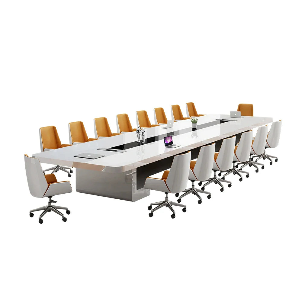 LUXORA 400cm Executive Conference Table Set Modern Piano Lacquer Meeting Desk with 12 Chairs - White