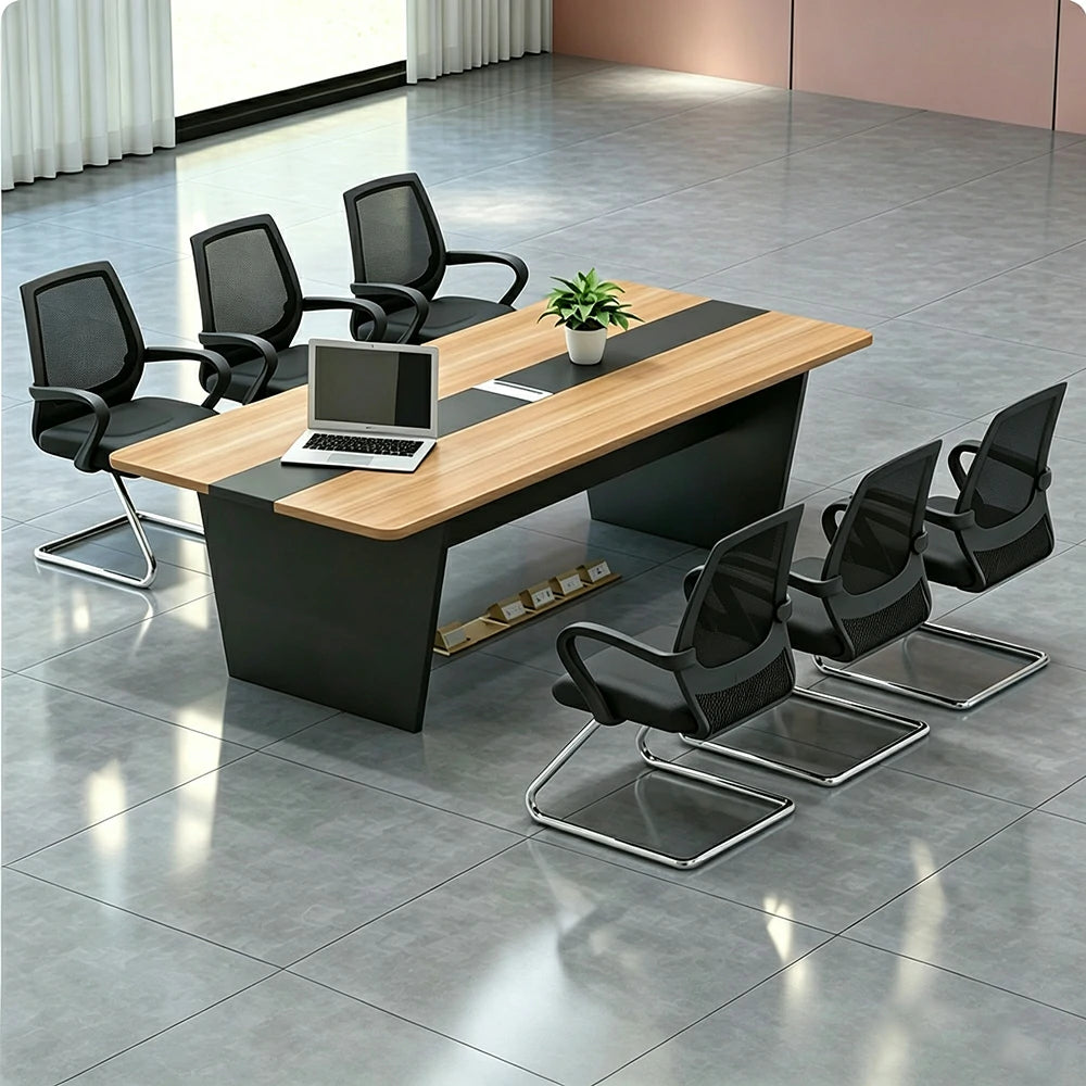 LUXORA Modern Conference Table Set 1600mm Office Meeting Desk with 6 Chairs, Wood Grain Top, Cable Management, Black Base