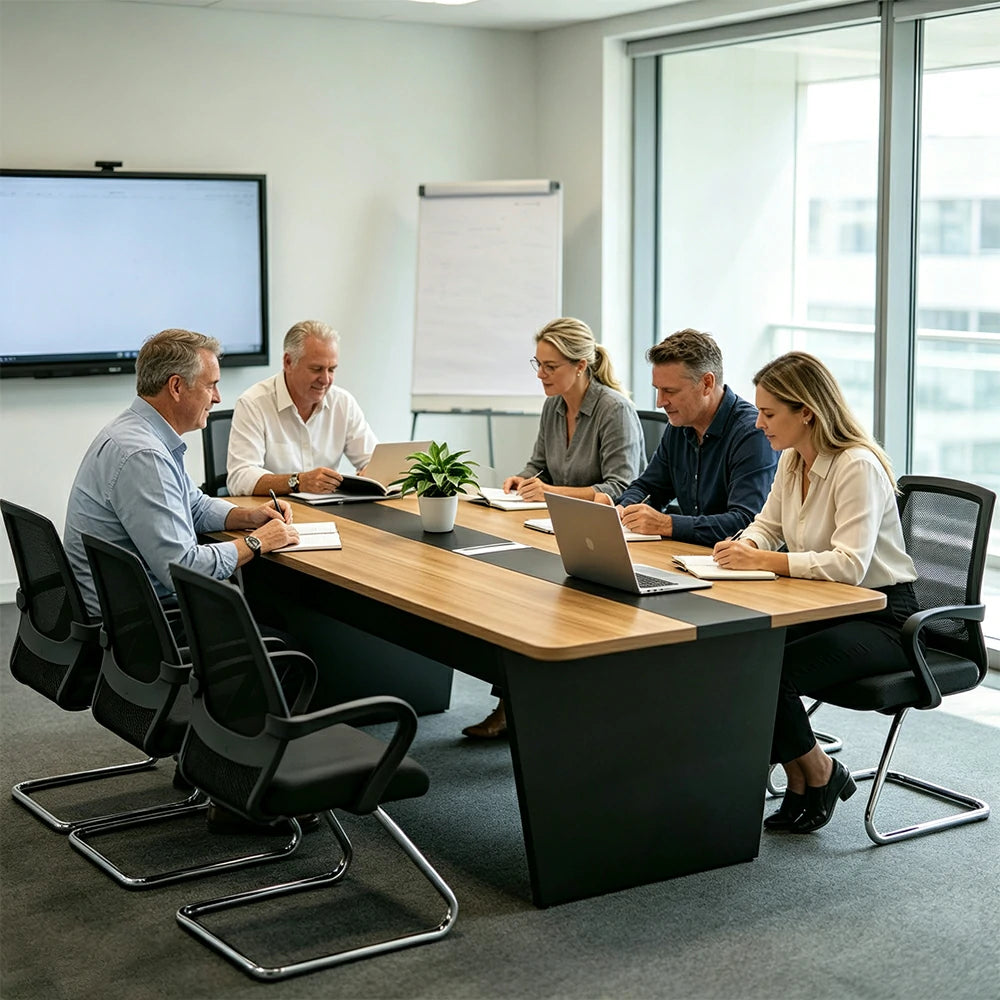 LUXORA Modern Conference Table Set 1600mm Office Meeting Desk with 6 Chairs, Wood Grain Top, Cable Management, Black Base