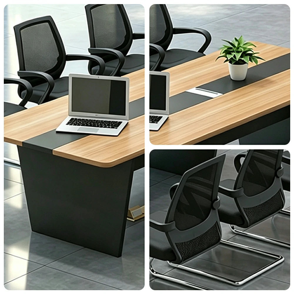 LUXORA Modern Conference Table Set 1600mm Office Meeting Desk with 6 Chairs, Wood Grain Top, Cable Management, Black Base