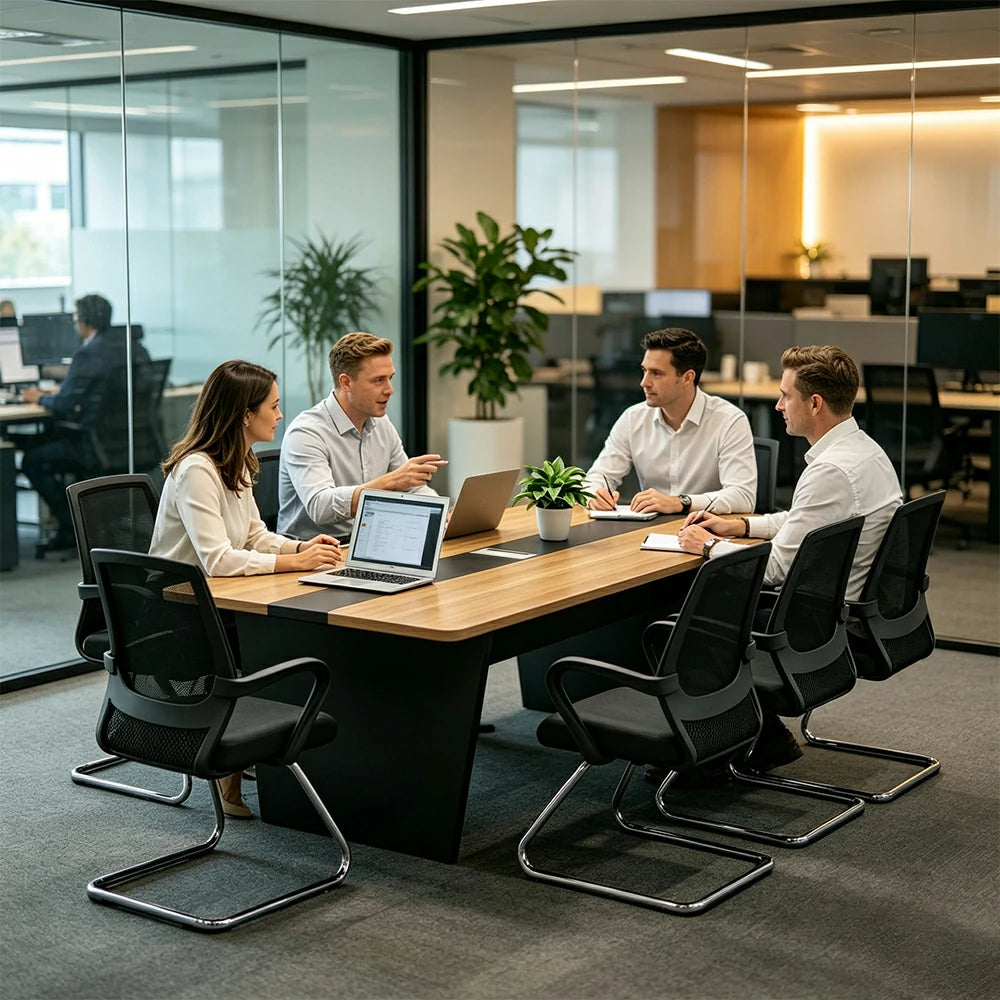 LUXORA Modern Conference Table Set 1600mm Office Meeting Desk with 6 Chairs, Wood Grain Top, Cable Management, Black Base