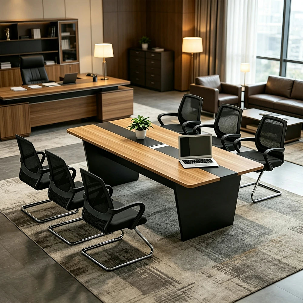 LUXORA Modern Conference Table Set 1600mm Office Meeting Desk with 6 Chairs, Wood Grain Top, Cable Management, Black Base