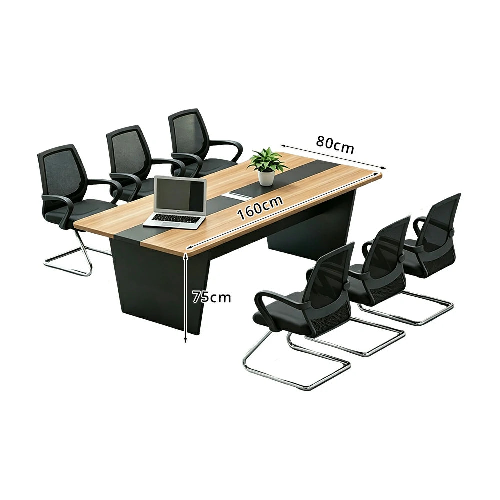 LUXORA Modern Conference Table Set 1600mm Office Meeting Desk with 6 Chairs, Wood Grain Top, Cable Management, Black Base