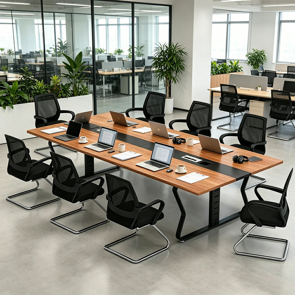 LUXORA 2.4m Conference Table Set for 8 People Modern Office Desk with Hidden Cable Management Reinforced Steel Frame & E1 Eco Board - Wood Grain & Black Frame