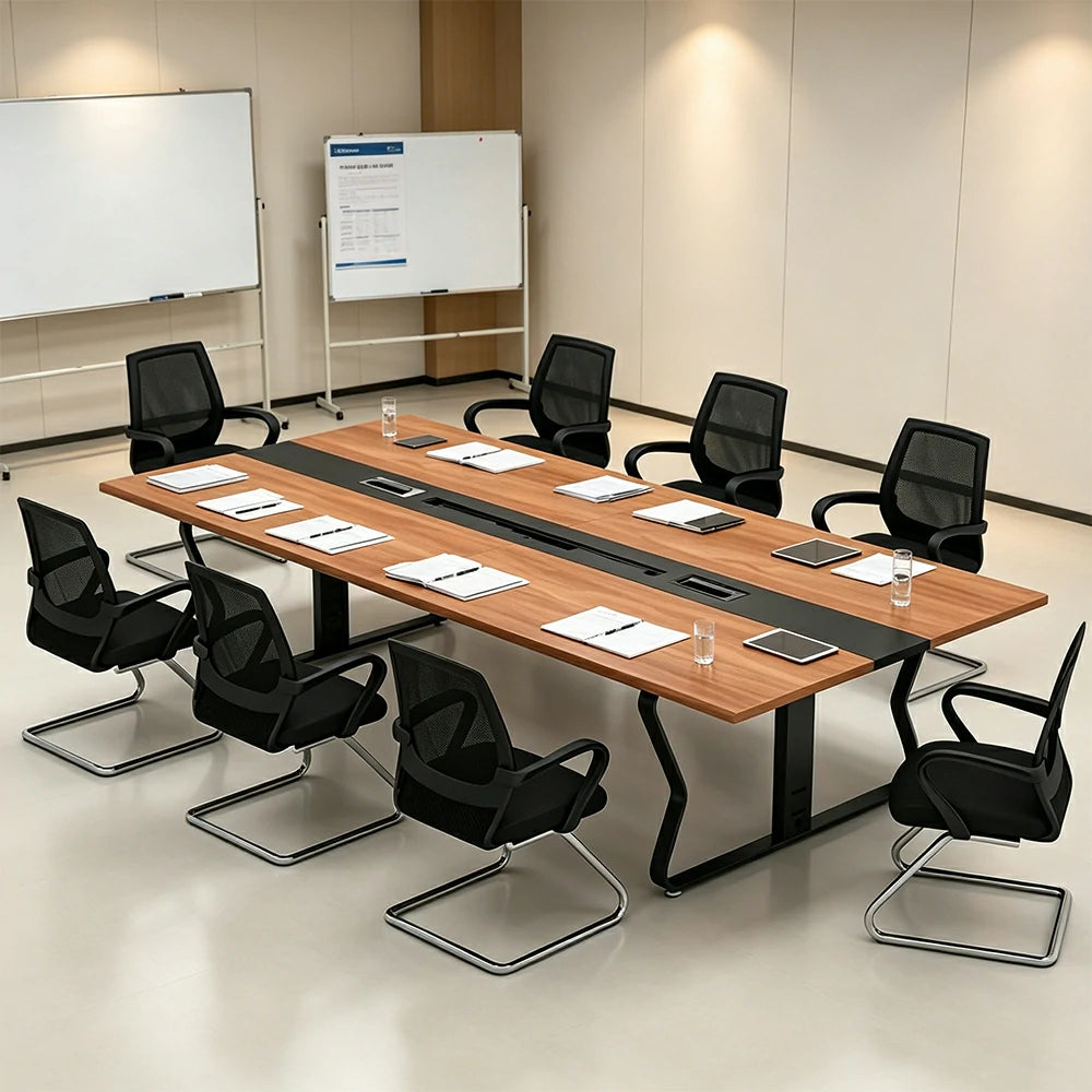 LUXORA 2.4m Conference Table Set for 8 People Modern Office Desk with Hidden Cable Management Reinforced Steel Frame & E1 Eco Board - Wood Grain & Black Frame