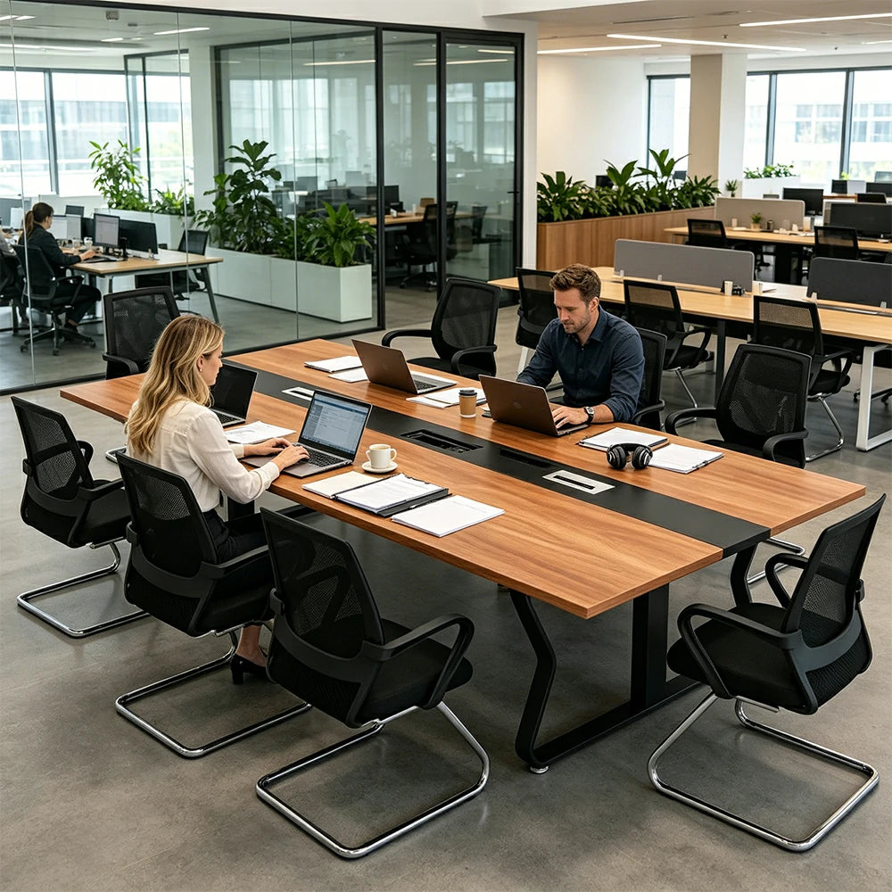 LUXORA 2.4m Conference Table Set for 8 People Modern Office Desk with Hidden Cable Management Reinforced Steel Frame & E1 Eco Board - Wood Grain & Black Frame