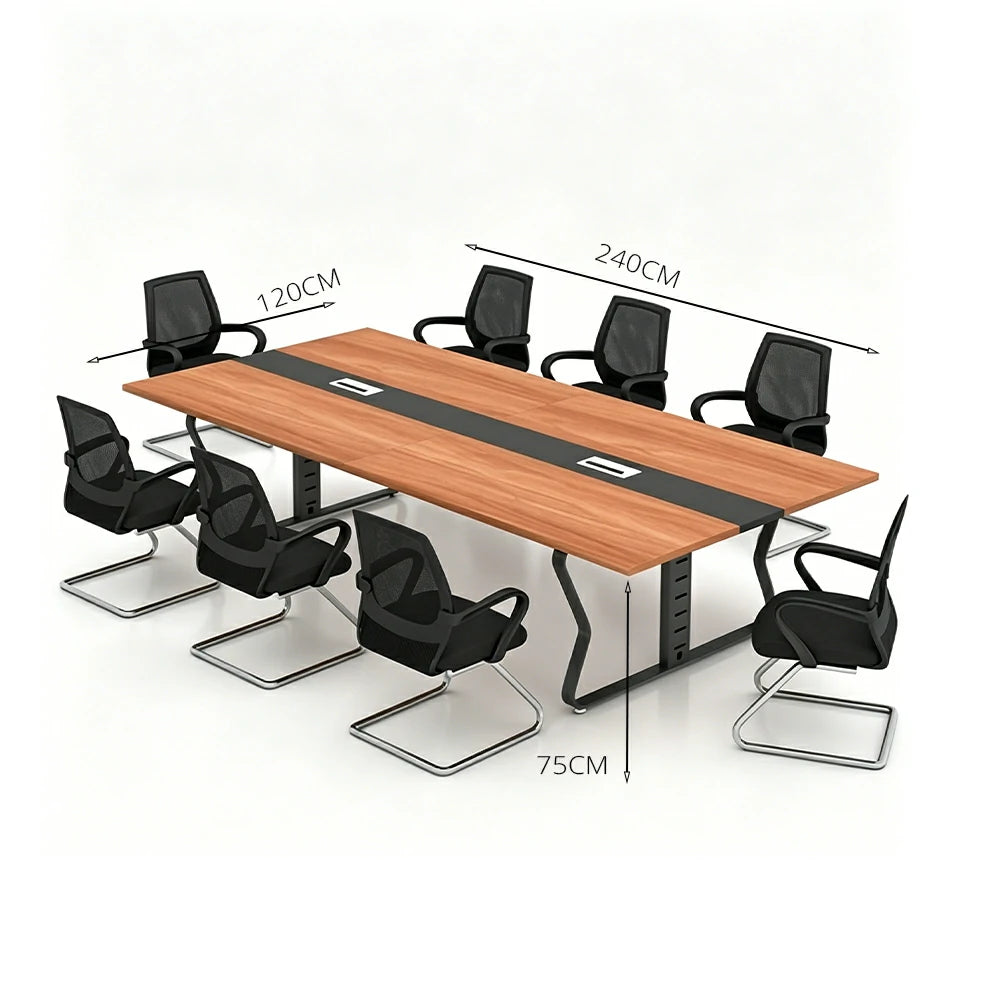 LUXORA 2.4m Conference Table Set for 8 People Modern Office Desk with Hidden Cable Management Reinforced Steel Frame & E1 Eco Board - Wood Grain & Black Frame