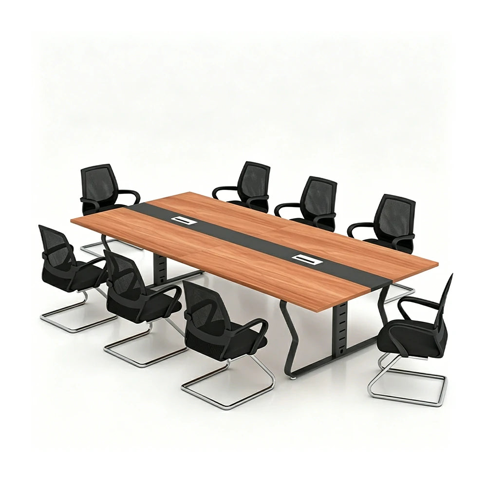LUXORA 2.4m Conference Table Set for 8 People Modern Office Desk with Hidden Cable Management Reinforced Steel Frame & E1 Eco Board - Wood Grain & Black Frame
