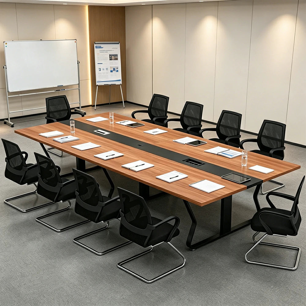 LUXORA 2.8m Conference Table Set for 10 People Meeting Table with Hidden Cable Mgmt Reinforced Steel Frame & E1 Eco Board - Wood Grain & Black Frame
