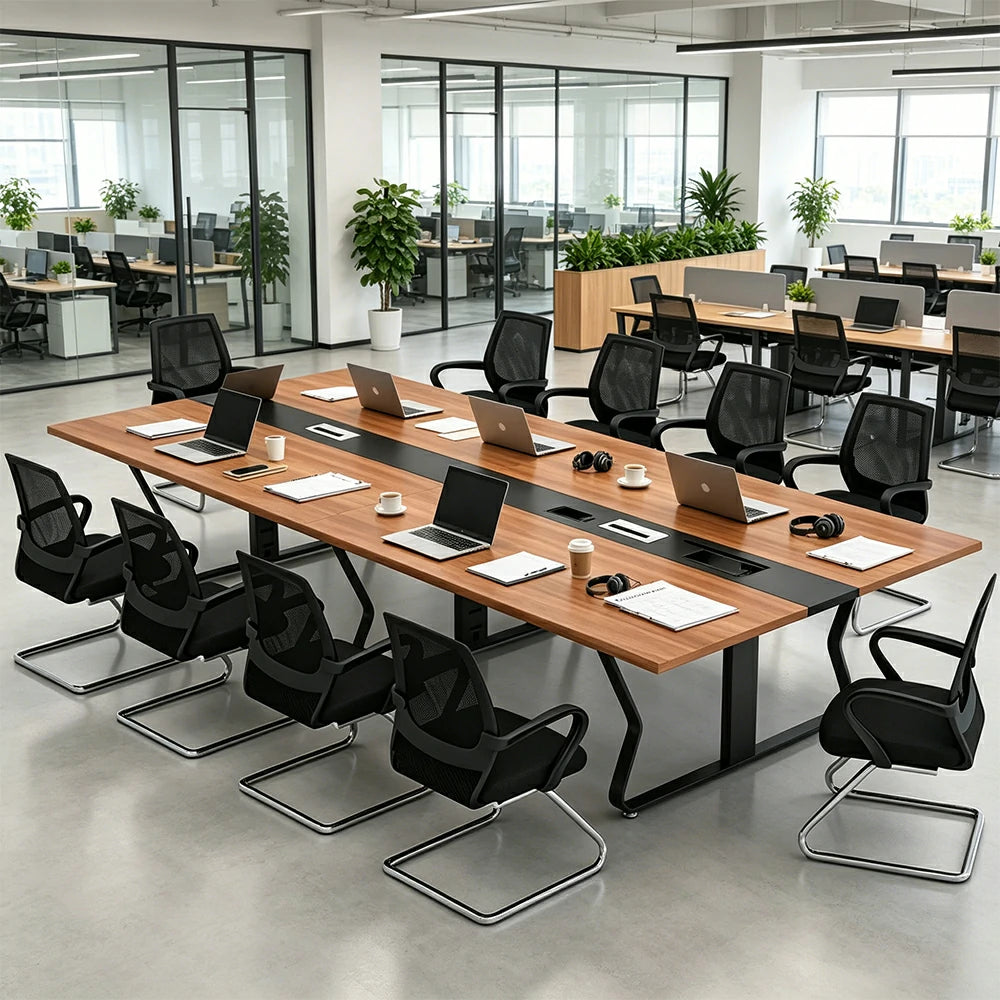 LUXORA 2.8m Conference Table Set for 10 People Meeting Table with Hidden Cable Mgmt Reinforced Steel Frame & E1 Eco Board - Wood Grain & Black Frame