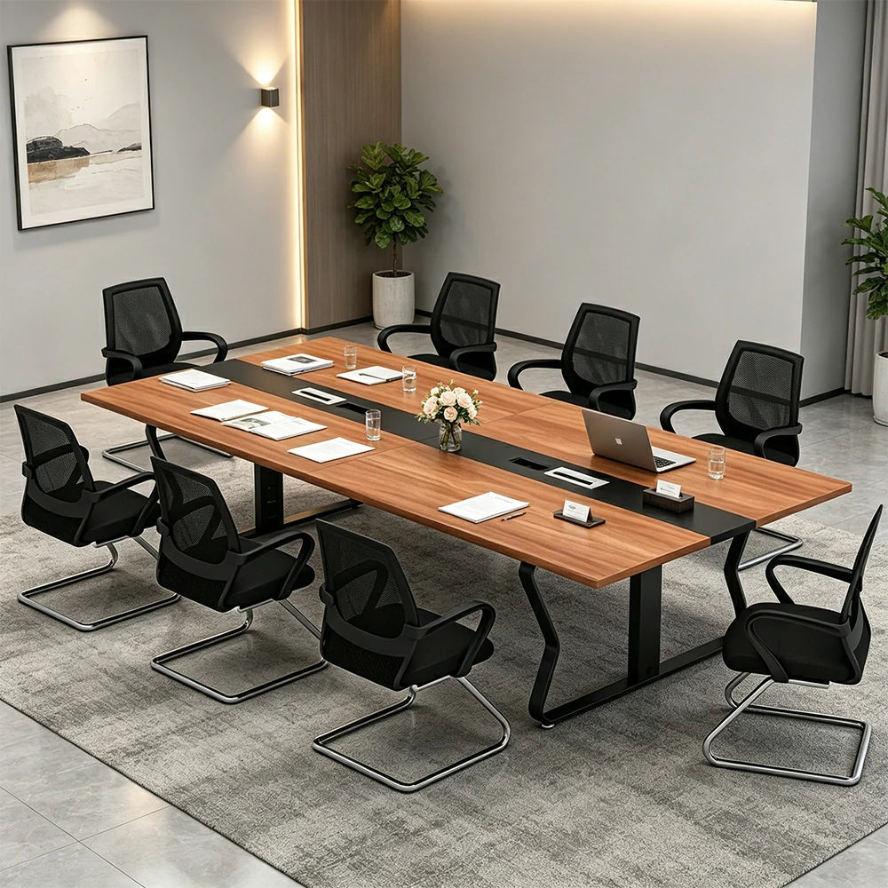 LUXORA 2.8m Conference Table Set for 10 People Meeting Table with Hidden Cable Mgmt Reinforced Steel Frame & E1 Eco Board - Wood Grain & Black Frame
