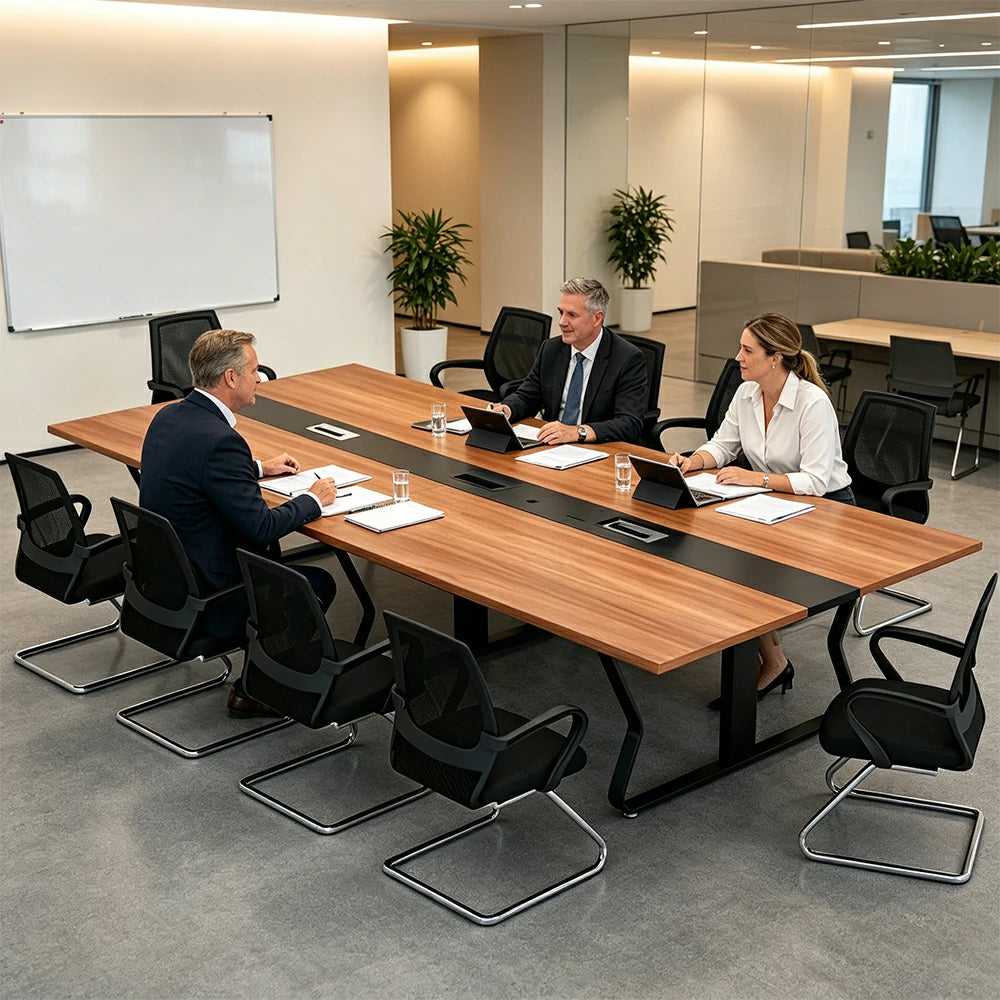 LUXORA 2.8m Conference Table Set for 10 People Meeting Table with Hidden Cable Mgmt Reinforced Steel Frame & E1 Eco Board - Wood Grain & Black Frame