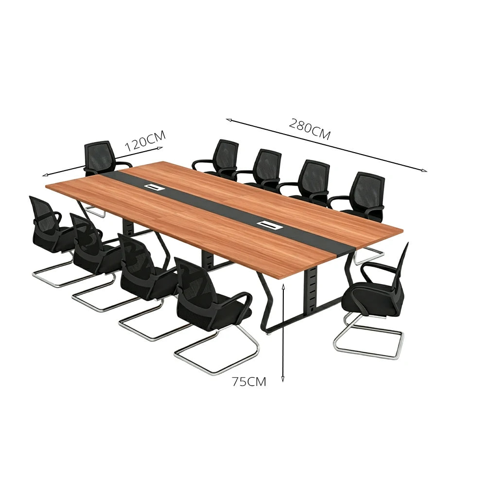 LUXORA 2.8m Conference Table Set for 10 People Meeting Table with Hidden Cable Mgmt Reinforced Steel Frame & E1 Eco Board - Wood Grain & Black Frame