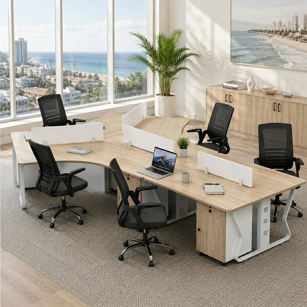 LUXORA 5-Person Office Workstation Set - V-Shaped Desk with 5 Chairs, 5 Mobile Cabinets, Cable Management & Steel Frame