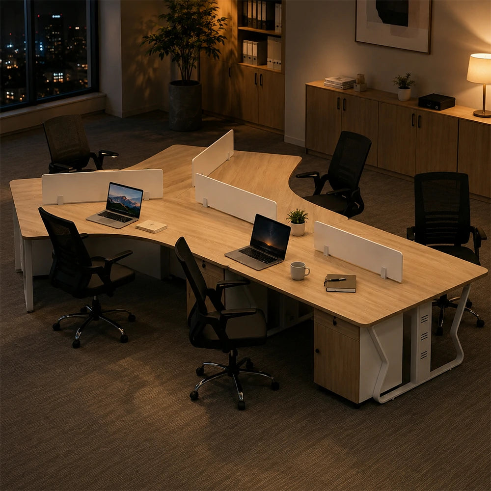 LUXORA 5-Person Office Workstation Set - V-Shaped Desk with 5 Chairs, 5 Mobile Cabinets, Cable Management & Steel Frame