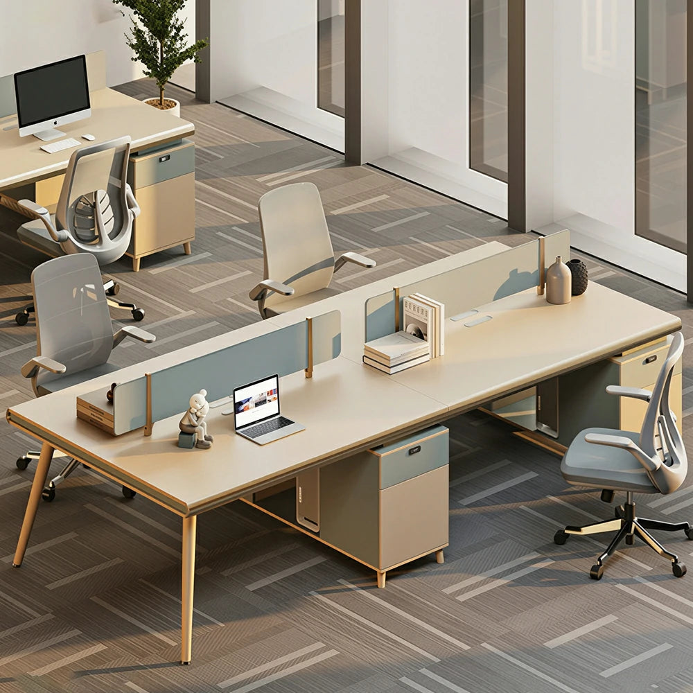 LUXORA 240/280cm 4 Person Office Workstation with E0 Grade Desktop, Privacy Screens & Lockable Storage Cabinets - Beige & Green
