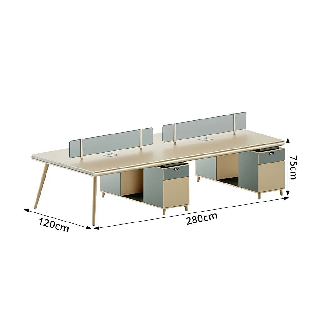 LUXORA 240/280cm 4 Person Office Workstation with E0 Grade Desktop, Privacy Screens & Lockable Storage Cabinets - Beige & Green