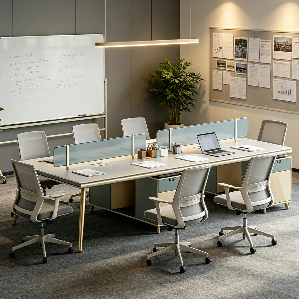 LUXORA 240/280cm 4 Person Office Workstation with E0 Grade Desktop, Privacy Screens & Lockable Storage Cabinets - Beige & Green
