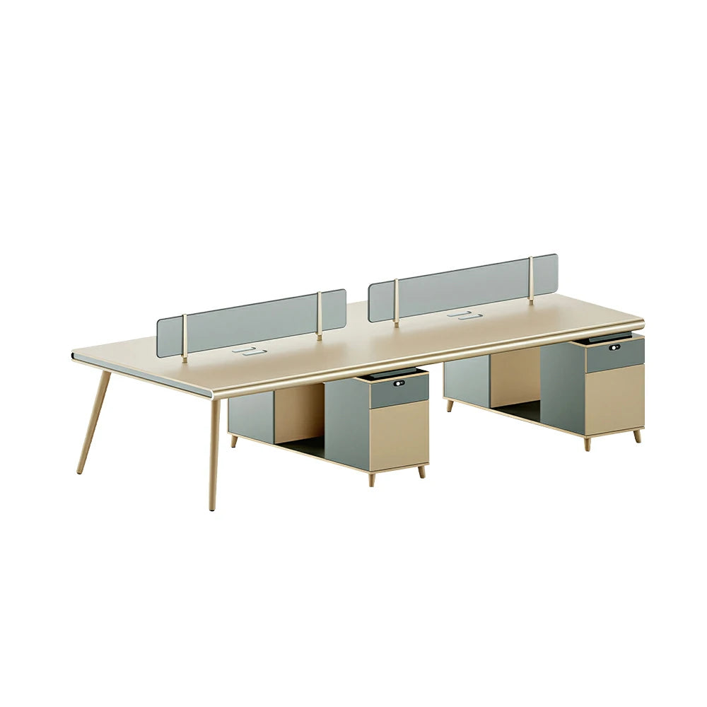 LUXORA 240/280cm 4 Person Office Workstation with E0 Grade Desktop, Privacy Screens & Lockable Storage Cabinets - Beige & Green