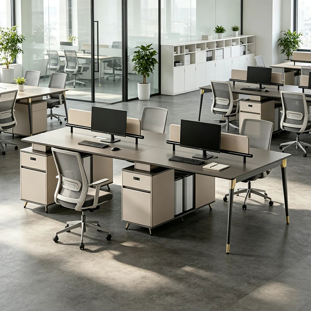 LUXORA 240/280cm 4 Person Office Workstation with E0 Grade Desktop, Privacy Screens & Lockable Storage Cabinets - Grey & Beige