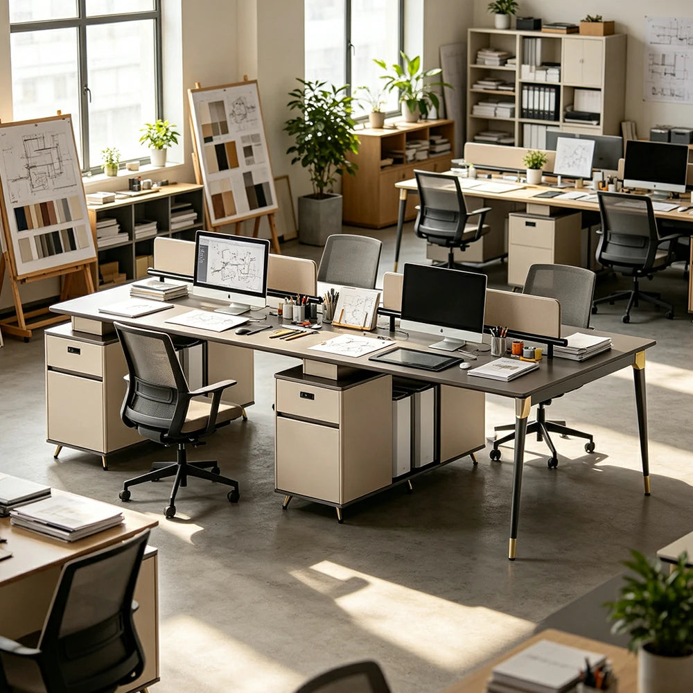 LUXORA 240/280cm 4 Person Office Workstation with E0 Grade Desktop, Privacy Screens & Lockable Storage Cabinets - Grey & Beige