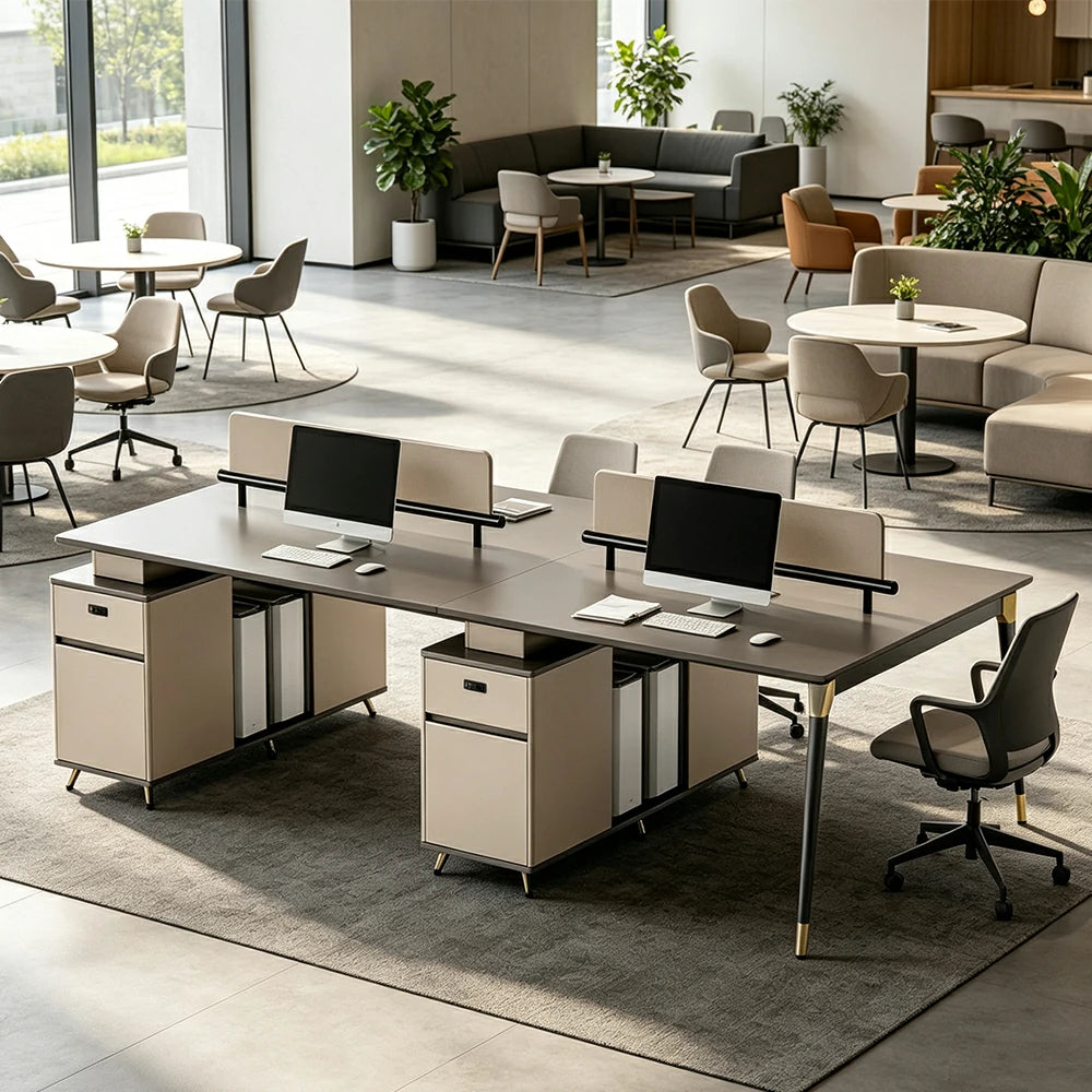 LUXORA 240/280cm 4 Person Office Workstation with E0 Grade Desktop, Privacy Screens & Lockable Storage Cabinets - Grey & Beige