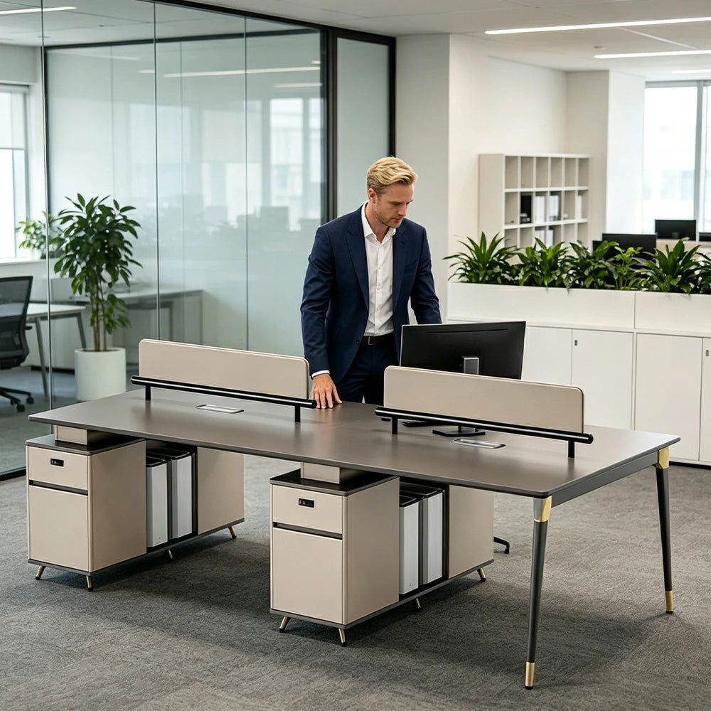 LUXORA 240/280cm 4 Person Office Workstation with E0 Grade Desktop, Privacy Screens & Lockable Storage Cabinets - Grey & Beige