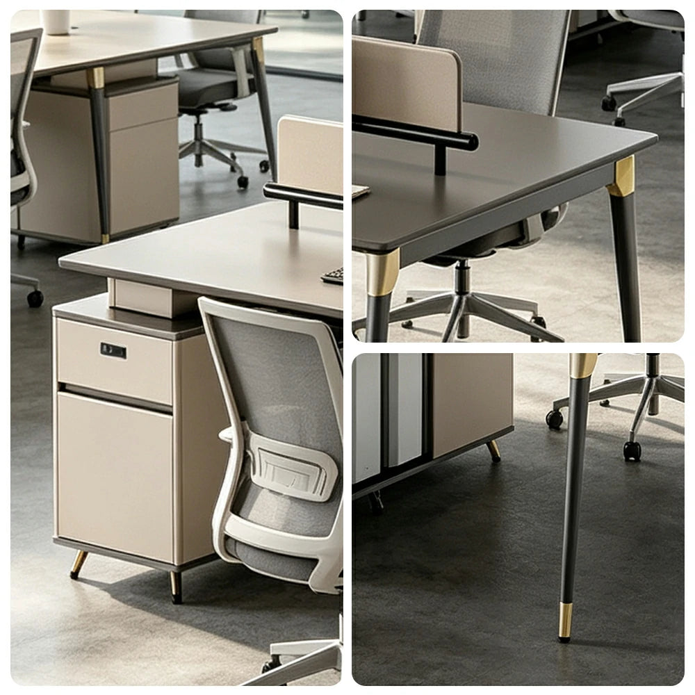 LUXORA 240/280cm 4 Person Office Workstation with E0 Grade Desktop, Privacy Screens & Lockable Storage Cabinets - Grey & Beige