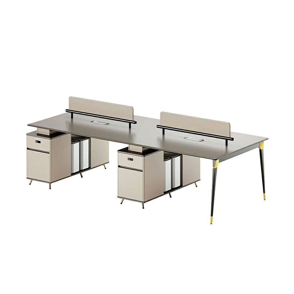 LUXORA 240/280cm 4 Person Office Workstation with E0 Grade Desktop, Privacy Screens & Lockable Storage Cabinets - Grey & Beige