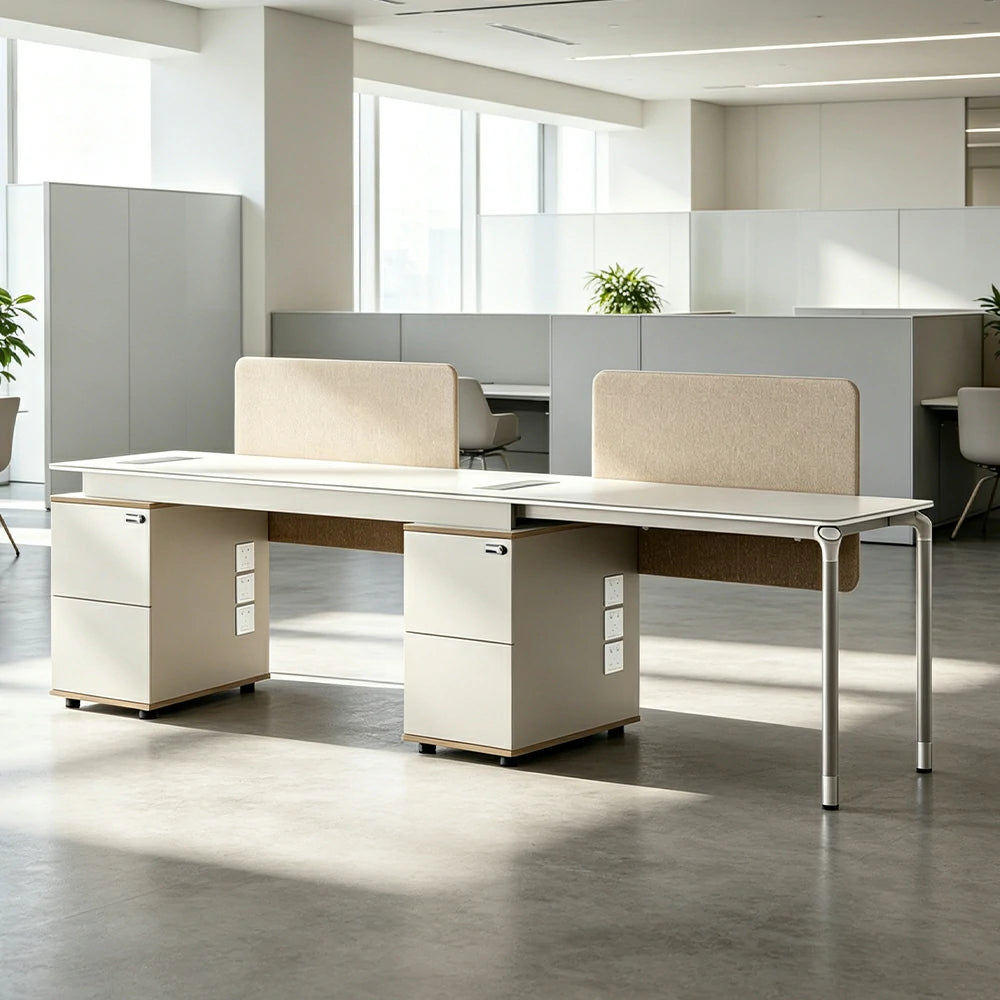 LUXORA 240/280cm 2 Person Office Workstation with Privacy Screens, Lockable Storage Cabinets & Cable Management - White & Beige