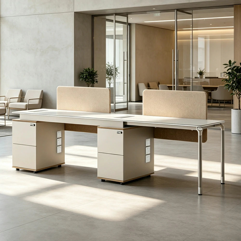 LUXORA 240/280cm 2 Person Office Workstation with Privacy Screens, Lockable Storage Cabinets & Cable Management - White & Beige