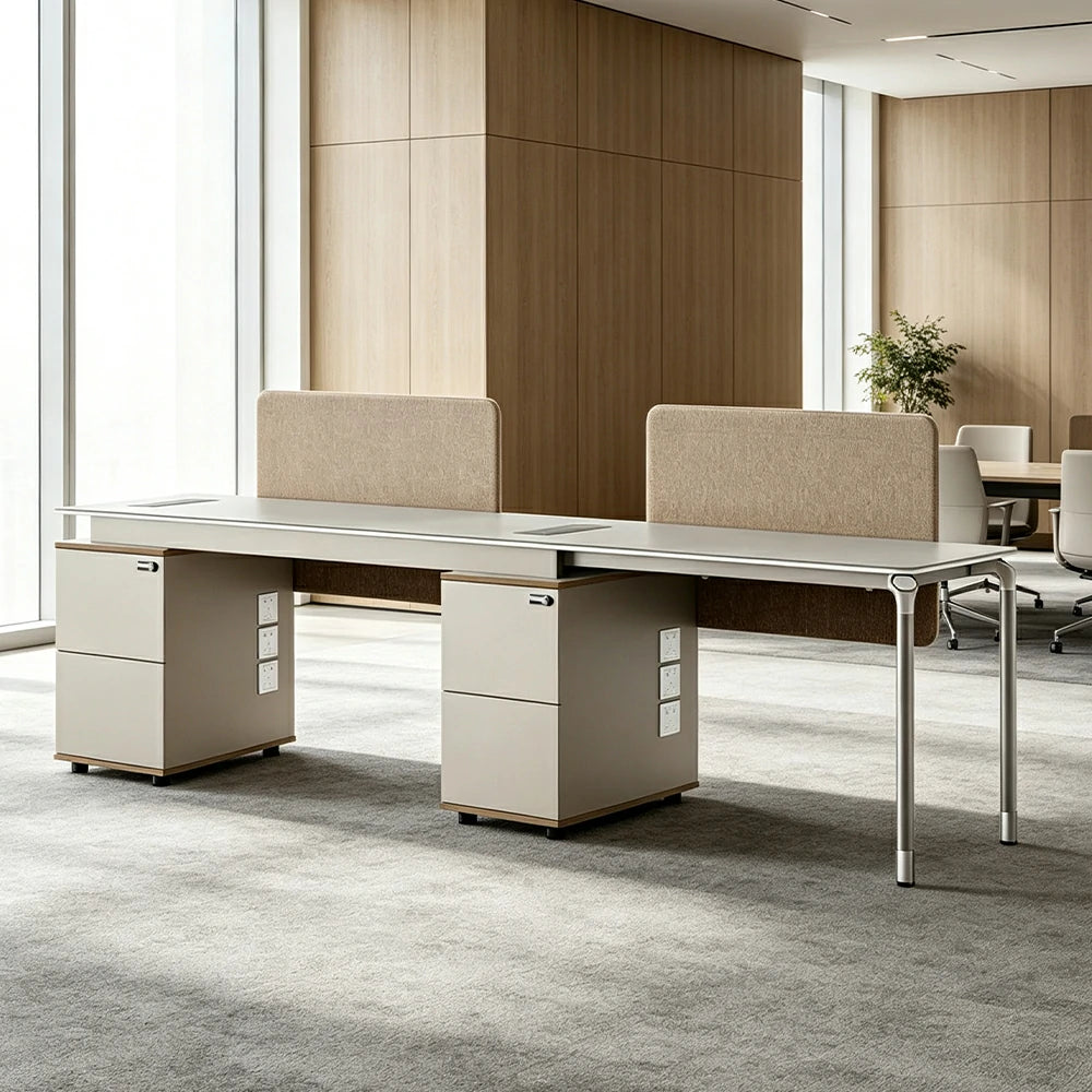 LUXORA 240/280cm 2 Person Office Workstation with Privacy Screens, Lockable Storage Cabinets & Cable Management - White & Beige