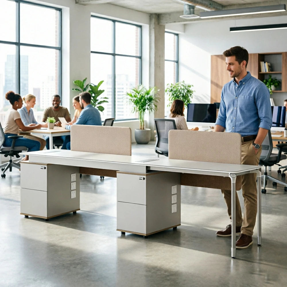 LUXORA 240/280cm 2 Person Office Workstation with Privacy Screens, Lockable Storage Cabinets & Cable Management - White & Beige