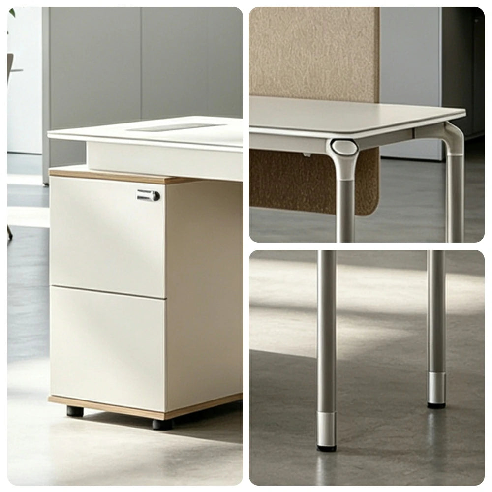 LUXORA 240/280cm 2 Person Office Workstation with Privacy Screens, Lockable Storage Cabinets & Cable Management - White & Beige