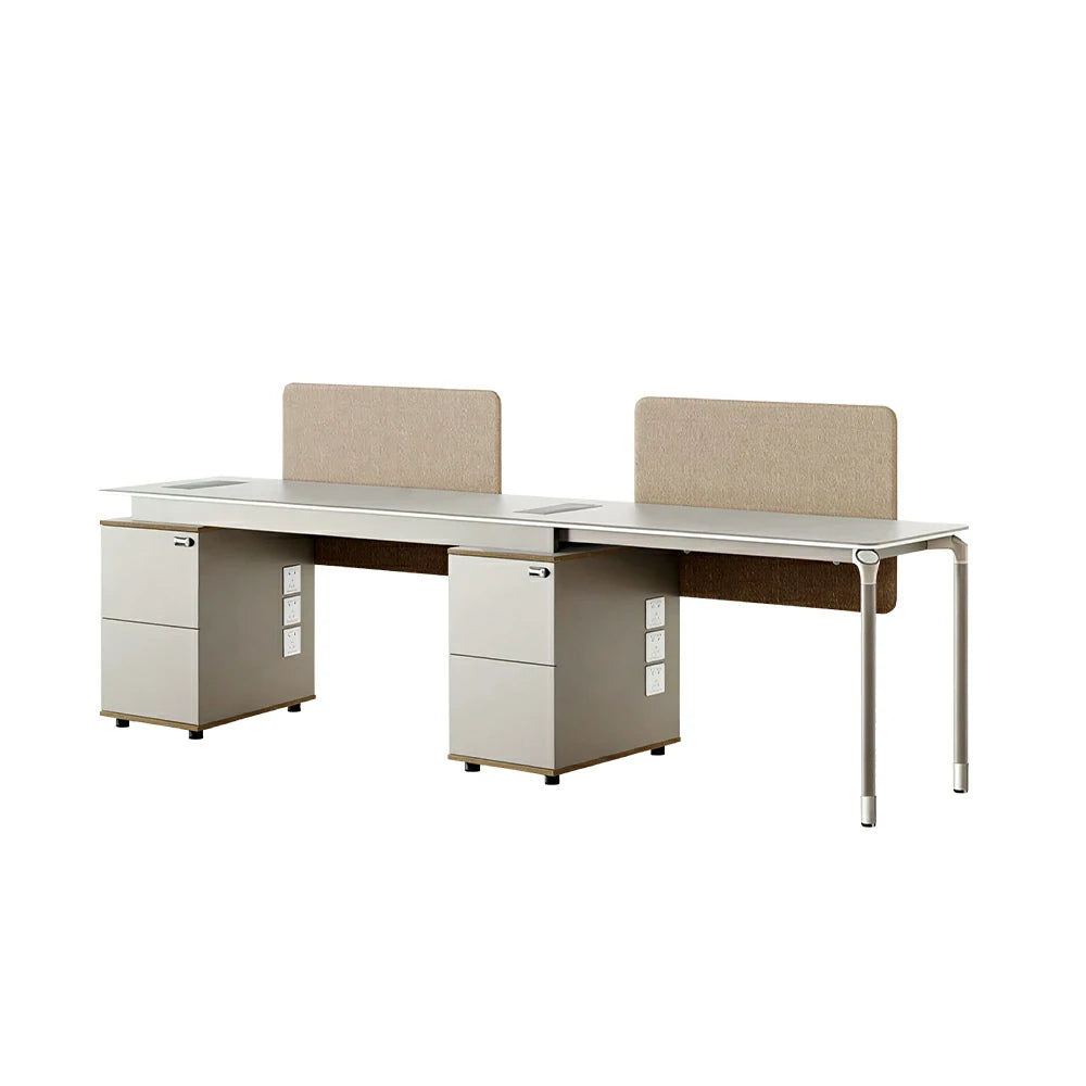 LUXORA 240/280cm 2 Person Office Workstation with Privacy Screens, Lockable Storage Cabinets & Cable Management - White & Beige