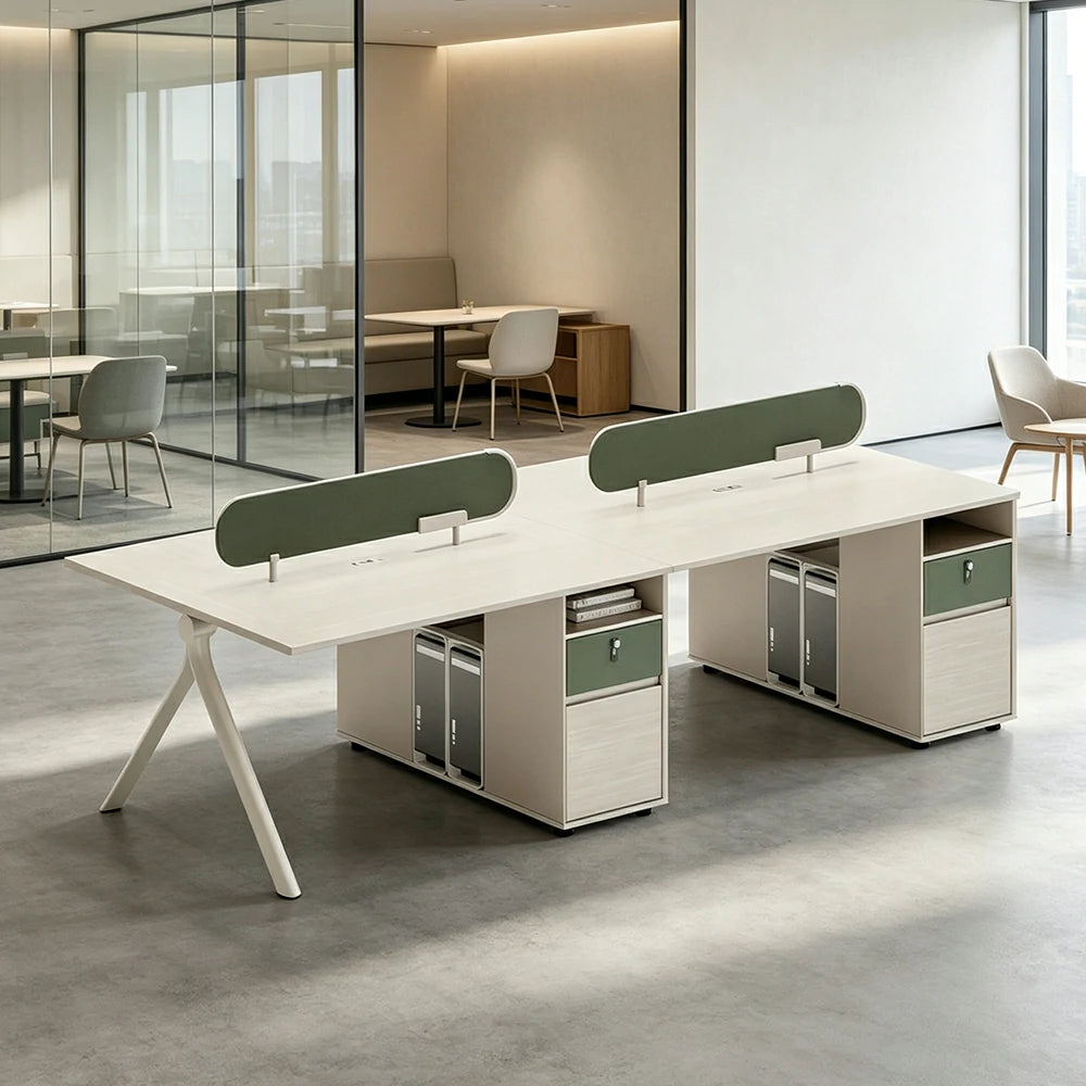 LUXORA 240/280cm 4 Person Office Workstation with Privacy Screens, Lockable Storage & Power Access - White & Green
